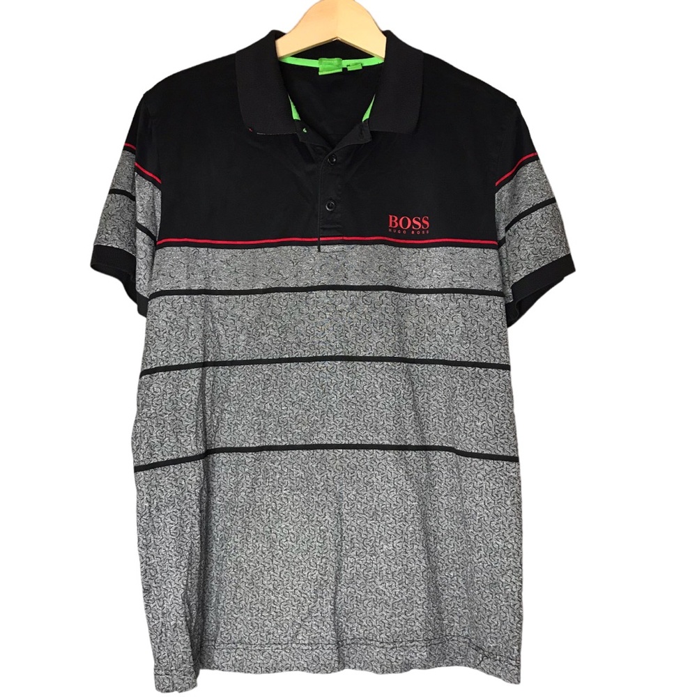 Hugo Boss Cotton Paddy Polo Colour Block Heather Grey Black Stripes Men's XL